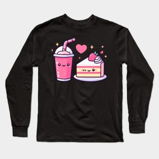 Strawberry Lover | Cute Kawaii Strawberry Milkshake and Cake with Hearts Long Sleeve T-Shirt